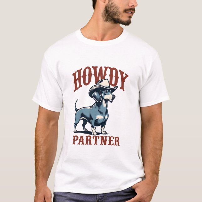 Camiseta Como vai Dachshund Cowboy (Frente)