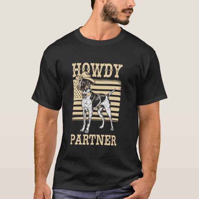 Camiseta Como vai parceiro cão cowboy pointer inglês (Frente)