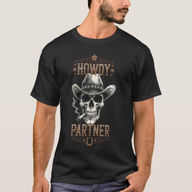 Camiseta Como vai parceiro desenho de caveira de cowboy (Frente)