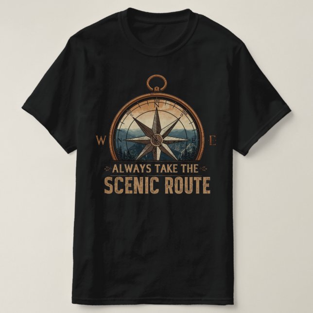 Camiseta Compass Camping Tee – Always Take The Scenic Route (Frente do Design)