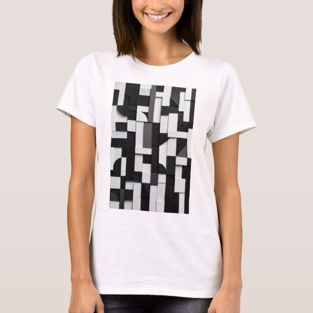 Camiseta Composição Geométrica 3D Abstrata em Preto e Branc (Frente)