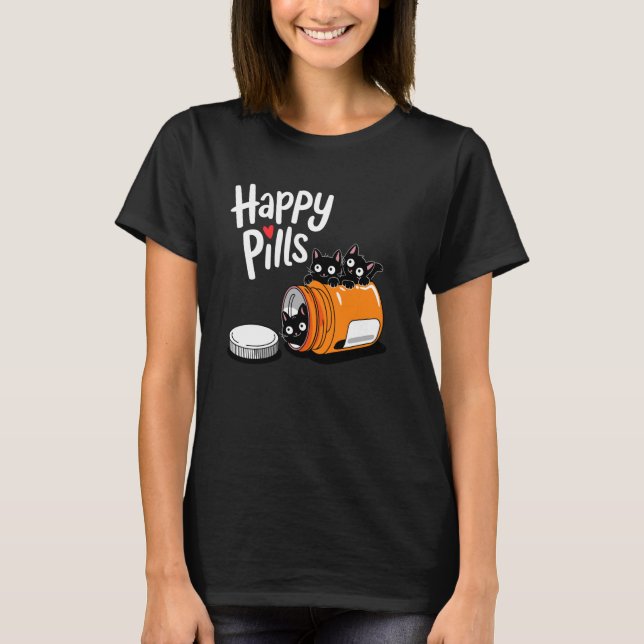 Camiseta Comprimidos Felizes de Gatinho Fofo Piada de Gato  (Frente)