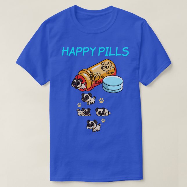 Camiseta Comprimidos Felizes para Cães Pug (Frente do Design)