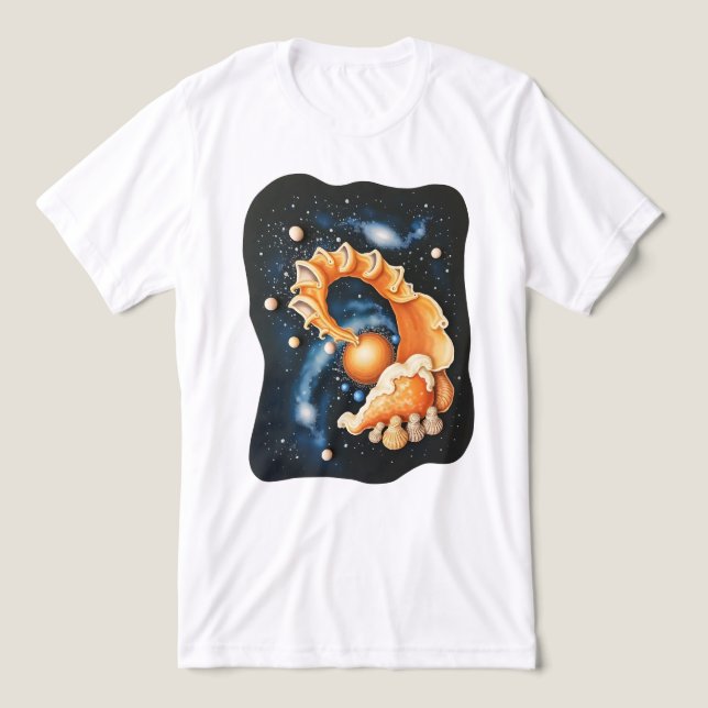Camiseta Concha de Mar Celestial Surrealista e Neb (Design frontal)