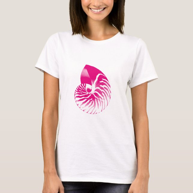 Camiseta Concha de Nautilus - rosa fúcsia e branco (Frente)