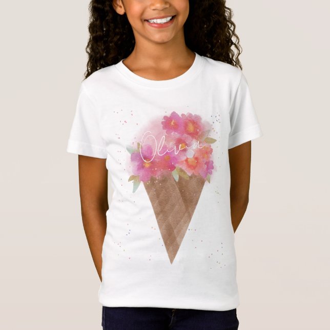 Camiseta Cone de Sorvete Floral de Aquarela com Nome (Frente)