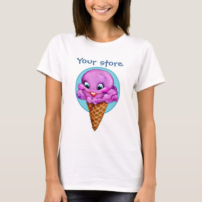 Camiseta Cone roxo bonito do sorvete da framboesa com olhos (Frente)