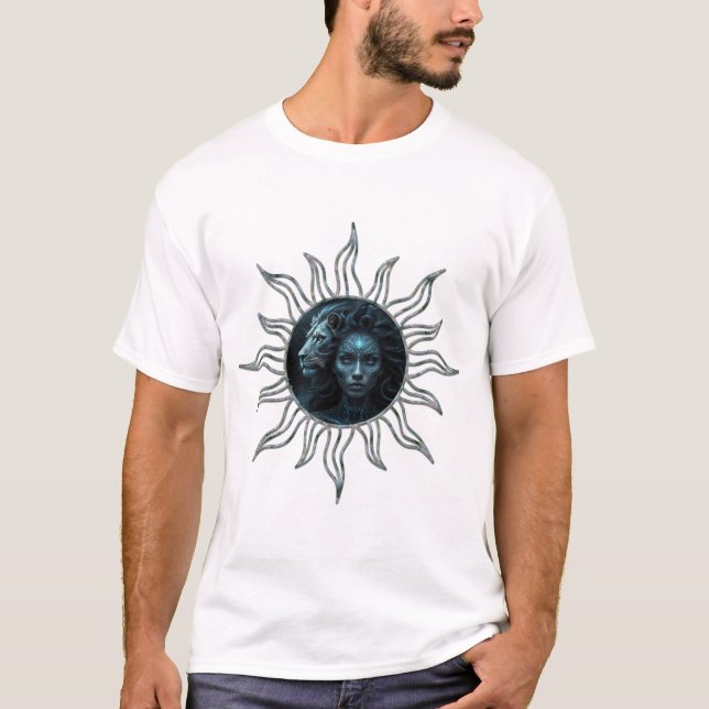 Camiseta Conexão mística, mulher mística e o leão. (Frente)