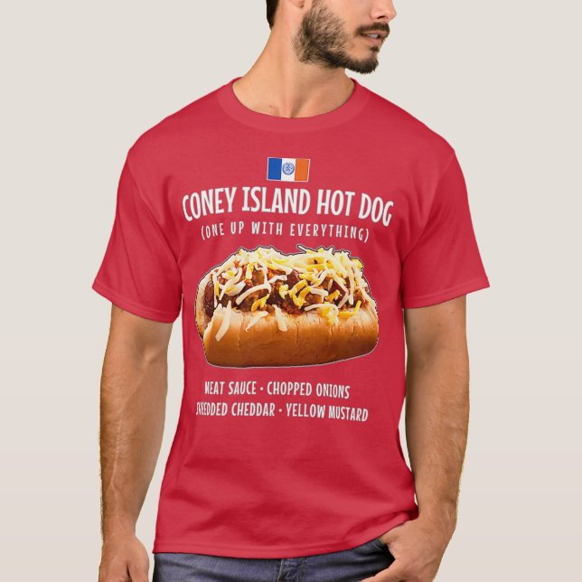 Camiseta Coney Island Hot Dog Meat Sauons Cheddar (Frente)
