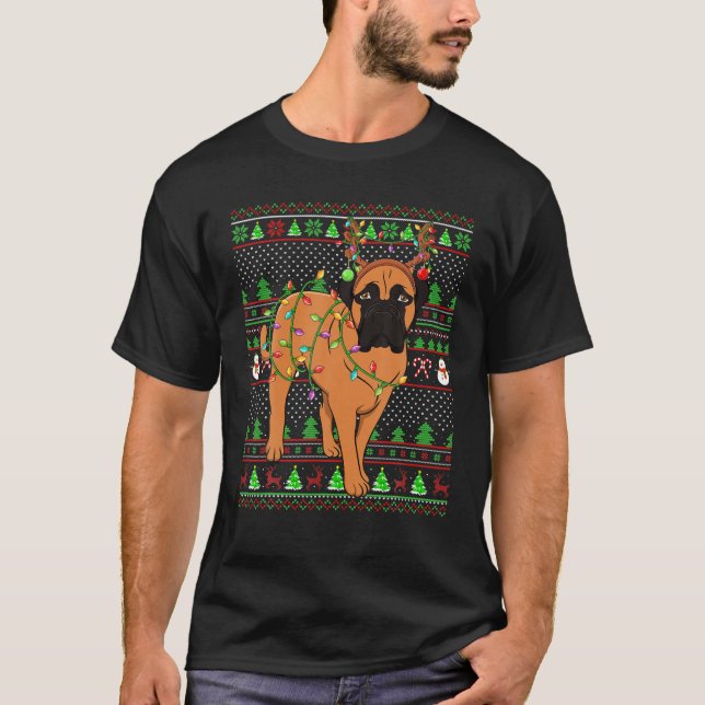 Camiseta Confronto da Família Xmas Reindeer Ugly Bullmastif (Frente)