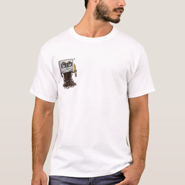 Camiseta Confused Cartoon Cassette Tape Holding Pencil (Frente)