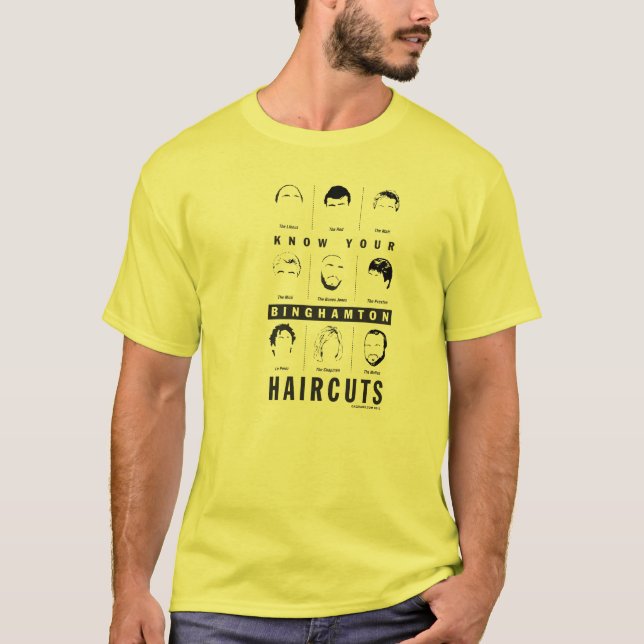 Camiseta Conheça Seus Cortes De Cabelo De Binghamton (Frente)