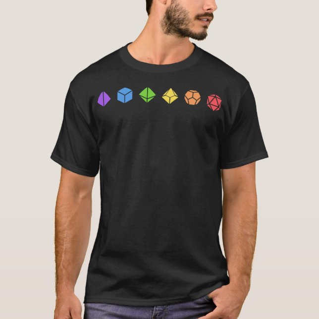 Camiseta Conjunto Colorido de Dados Polidedro (Frente)