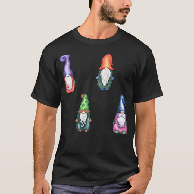 Camiseta Conjunto de Gnomos de Natal de Cores Aquáticas (Frente)