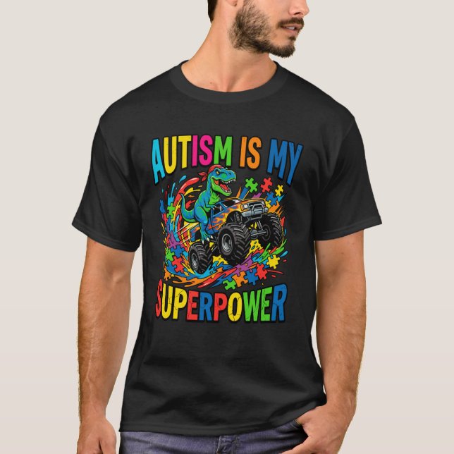 Camiseta Consciência Autismo Meu Superpoder Dinossauro T-Re (Frente)