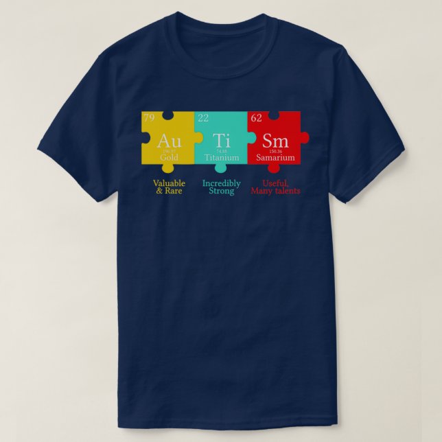 Camiseta Consciência do Autismo de Mesa Periódica (Frente do Design)
