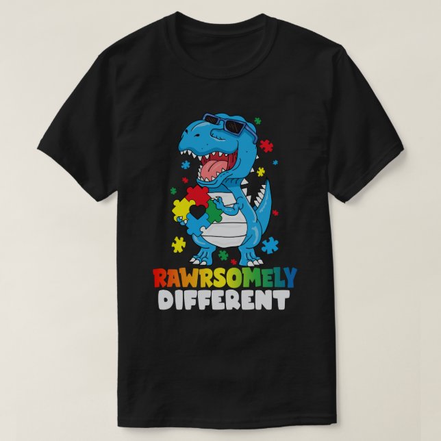 Camiseta Consciência do Autismo Dinossauro Muito Diferente (Frente do Design)