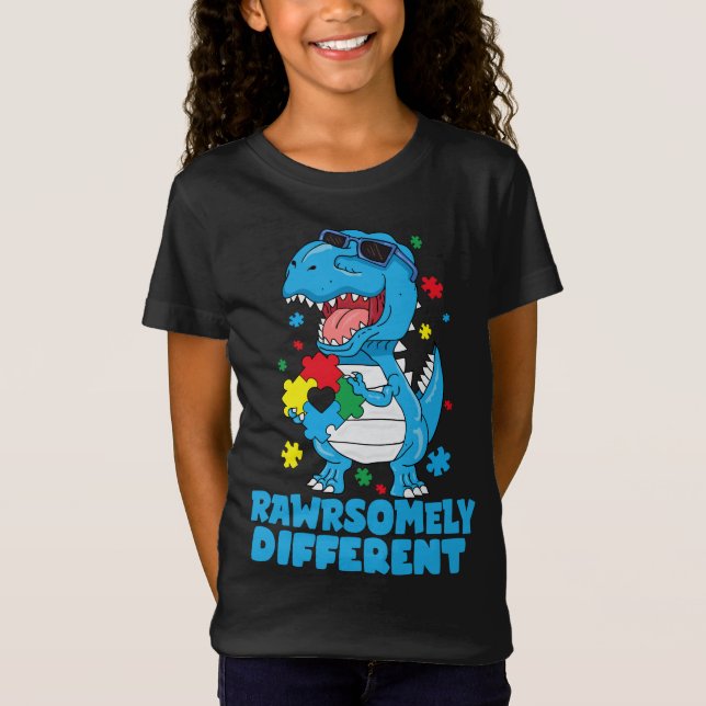 Camiseta Consciência do Autismo Dinossauro Muito Diferente (Frente)