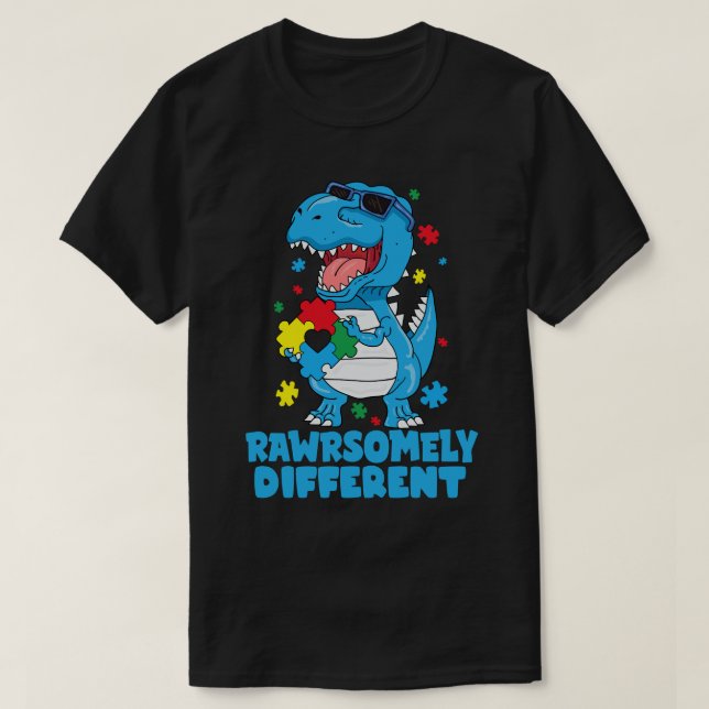 Camiseta Consciência do Autismo Dinossauro Muito Diferente (Frente do Design)