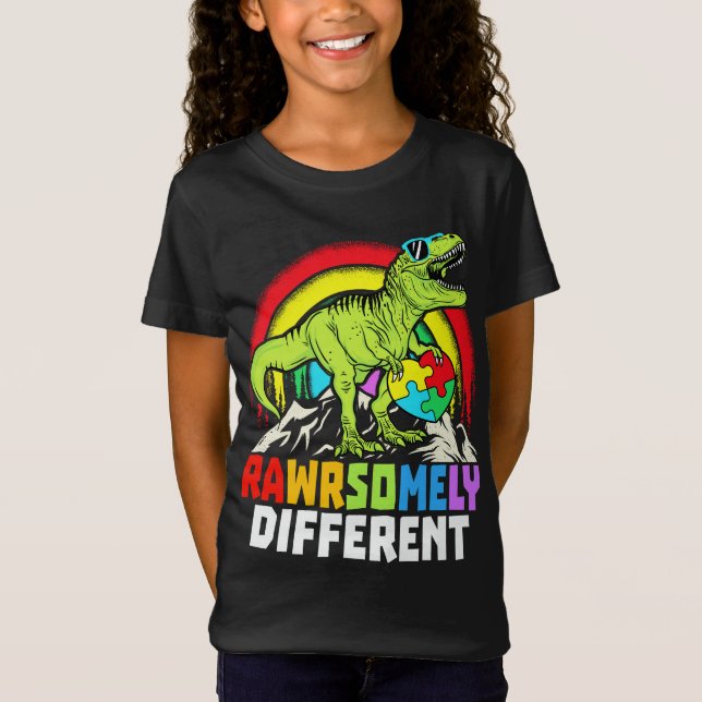 Camiseta Consciência do Autismo Dinossauro Muito Diferente (Frente)