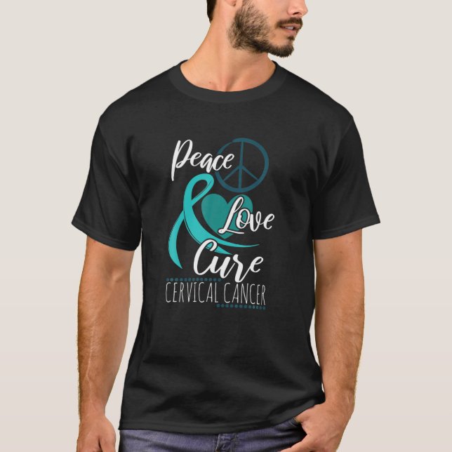 Camiseta Consciência do Cancer Teal Ribbon Peace Love C (Frente)