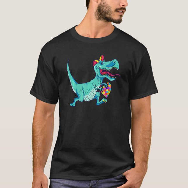 Camiseta Conscientização do Autismo Rex Dinossauro Peça do  (Frente)