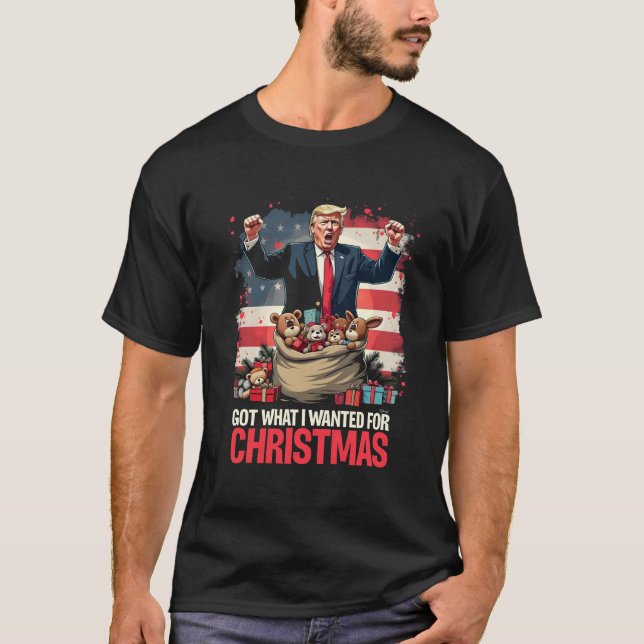 Camiseta Consegui o que eu queria para Papais noeis de Nata (Frente)