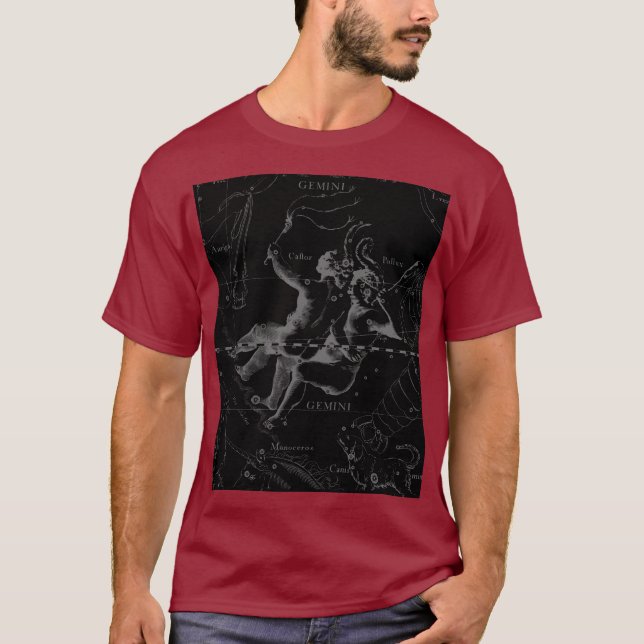 Camiseta Constelação Gemini Hevelius 1690 em Preto (Frente)