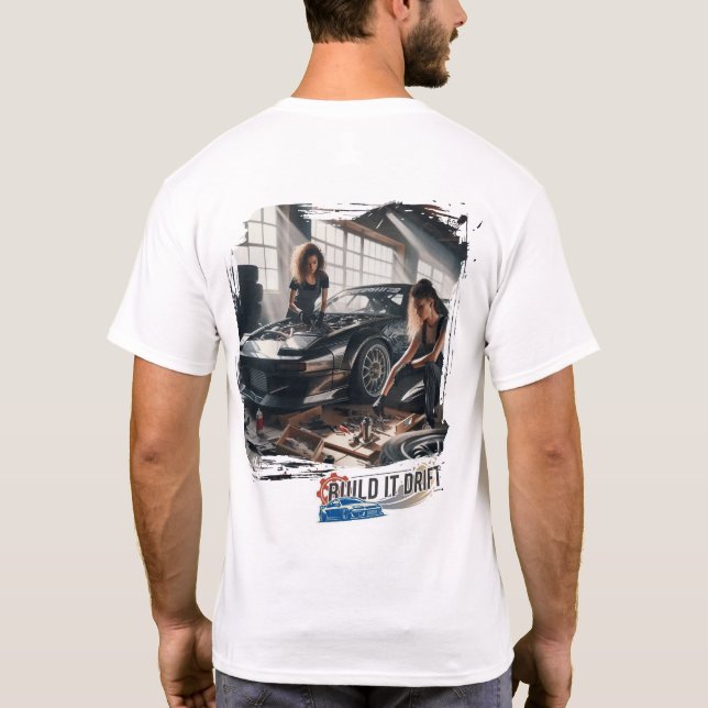 Camiseta Construa e Derrape no "Bumpers & Bolts Garage" (Verso)
