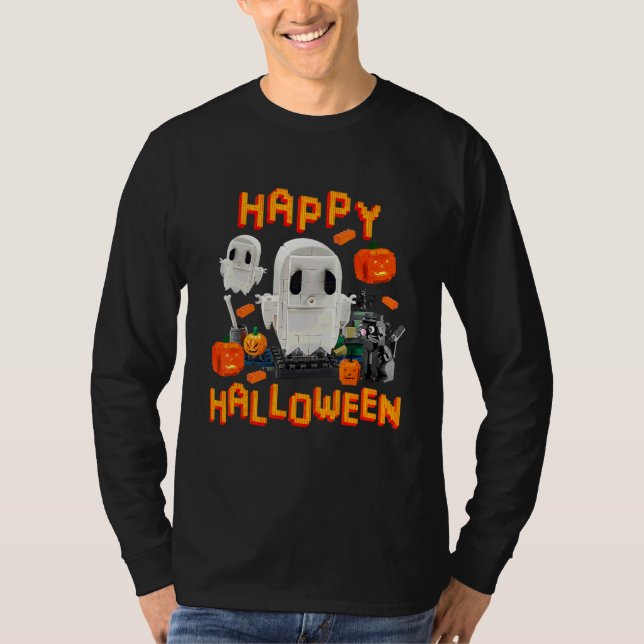 Camiseta Construtor de Tijolo de Halloween Blocos Construto (Frente)