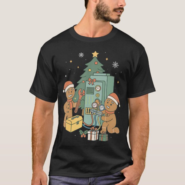 Camiseta Construtor Técnico de Natal de Pão de Mel HVAC (Frente)