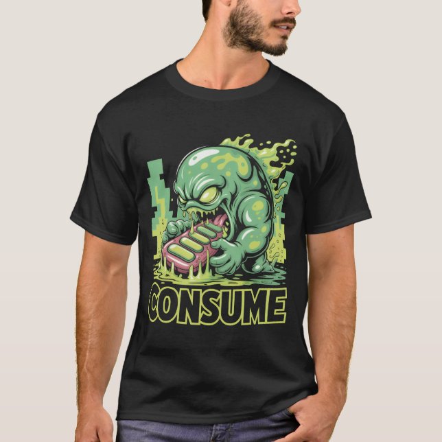Camiseta Consumir Monstro Comendo Telefone Engraçado Commen (Frente)