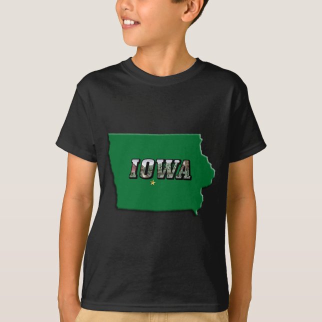 Camiseta Contorno Verde do Mapa do Estado de Iowa e Kids de (Frente)