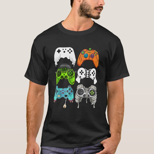 Camiseta controladores de jogos de skeleton zombie do hallo (Frente)