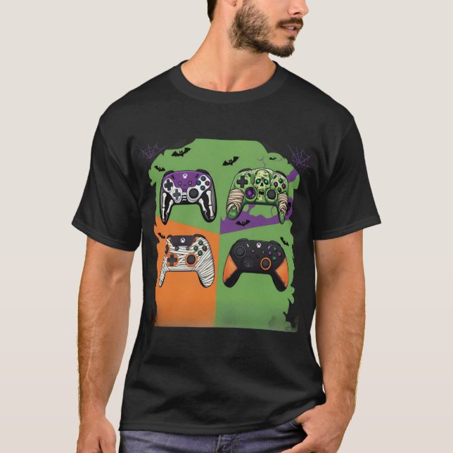 Camiseta Controladores de jogos do Halloween Skeleton Zombi (Frente)