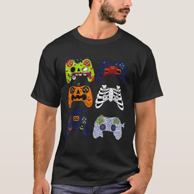 Camiseta Controladores de Jogos do Skeleton do Halloween Zo (Frente)