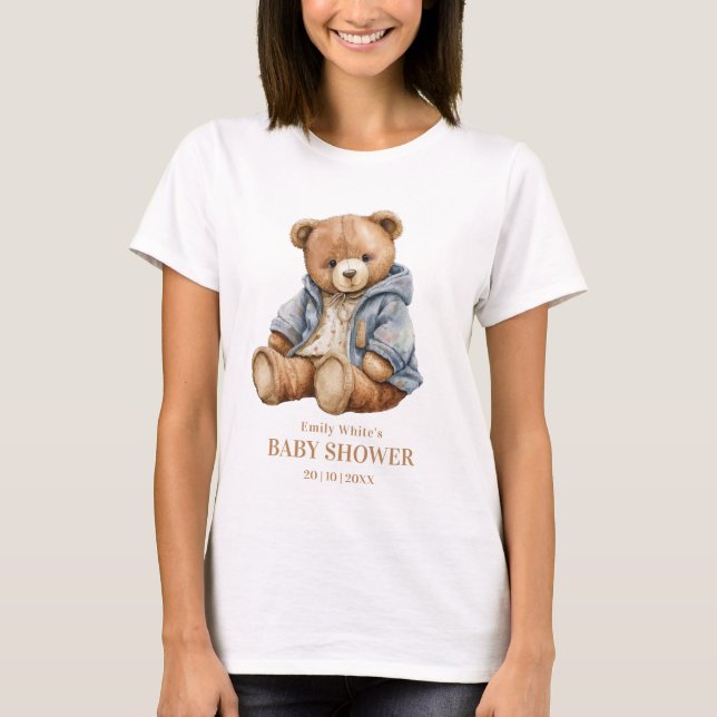 Camiseta Convite de Chá de Bebê Urso de Pelúcia Mal Pode Es (Frente)