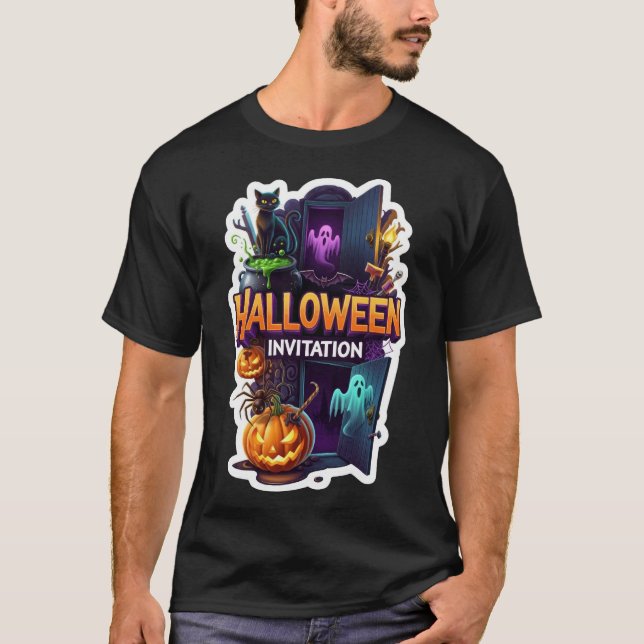 Camiseta Convite vibrante de Halloween com elementos assust (Frente)
