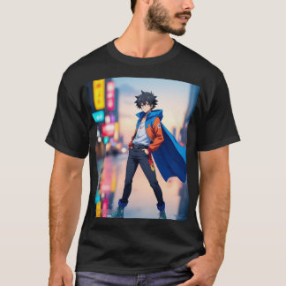 Camiseta Cool Anime Boy in Neon City – Stylish Anime Charac