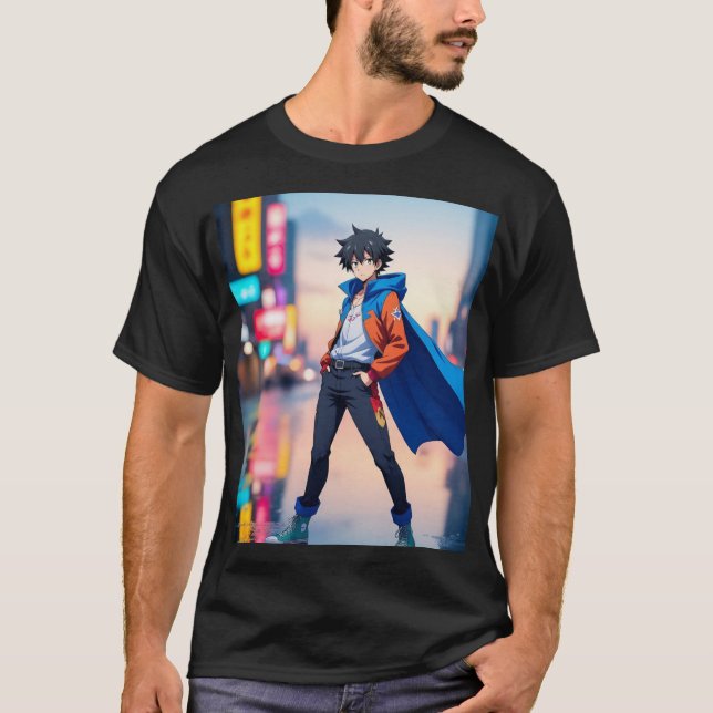 Camiseta Cool Anime Boy in Neon City – Stylish Anime Charac (Frente)