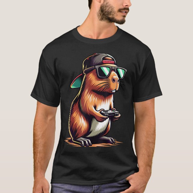 Camiseta Cool Capybara Playing Video Games. Funny Gamer Cap (Frente)