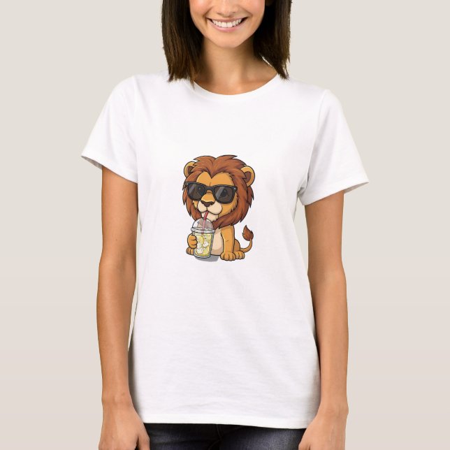Camiseta Cool Cartoon Lion Drinking Iced Lemonade (Frente)