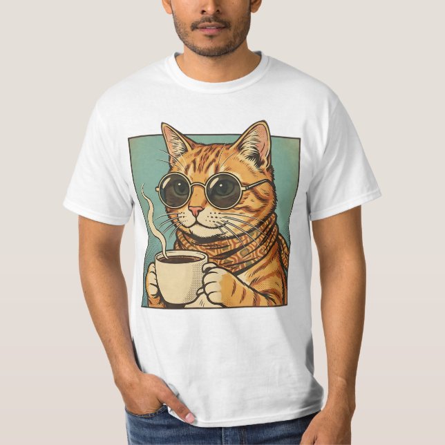 Camiseta Cool Cat Coffee Retro Style Design for Cat Lovers (Frente)