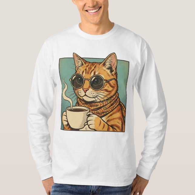 Camiseta Cool Cat Coffee Retro Style Design for Cat Lovers (Frente)