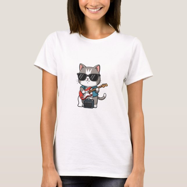 Camiseta Cool Cat Playing Electric Guitar with Sunglasses (Frente)