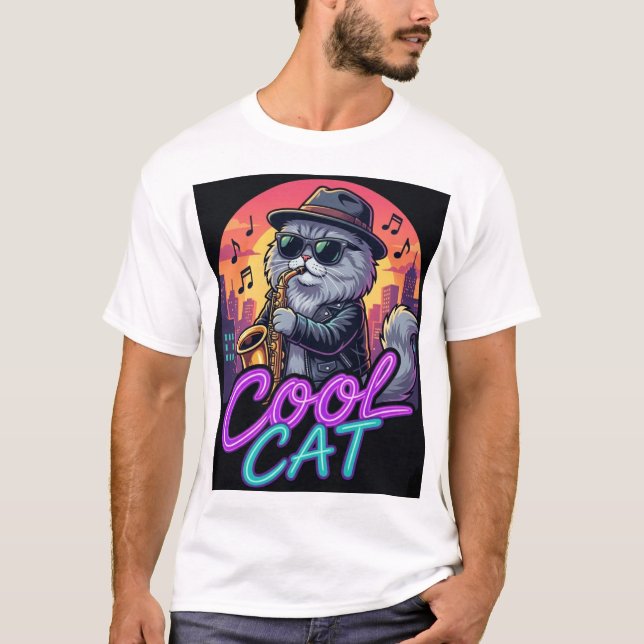 Camiseta Cool Cat Saxophone – Retro Neon 90s Jazz Cat Desig (Frente)