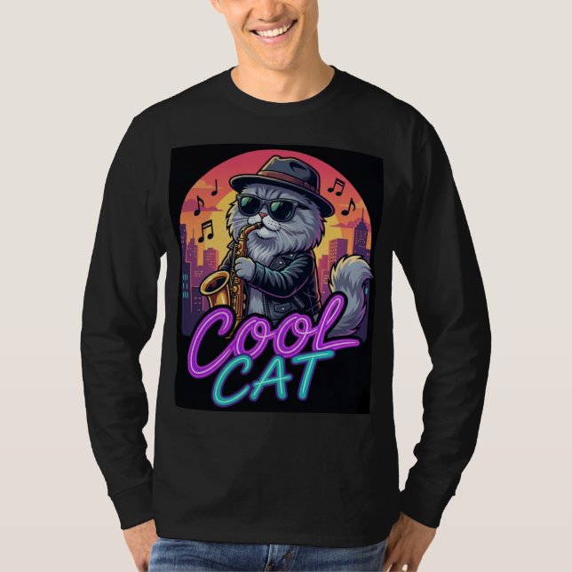 Camiseta Cool Cat Saxophone – Retro Neon 90s Jazz Cat Desig (Frente)