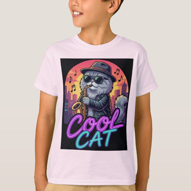 Camiseta Cool Cat Saxophone – Retro Neon 90s Jazz Cat Desig (Frente)