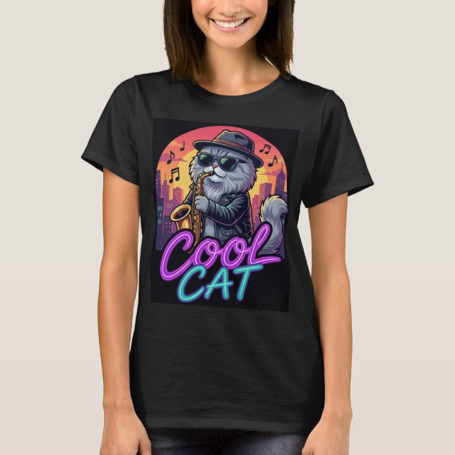 Camiseta Cool Cat Saxophone –Retro Neon 90s Jazz Cat Design (Frente)