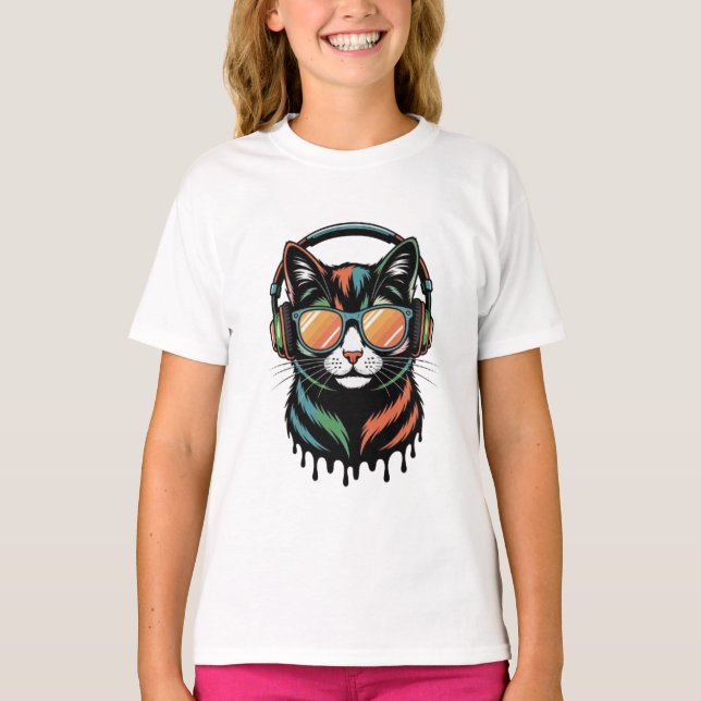 Camiseta Cool Cat with Headphones and Sunglasses (Frente)
